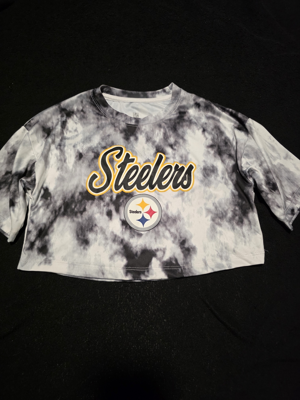 NFL Steelers Tie-Dye Crop Tee in Black, White & Gold